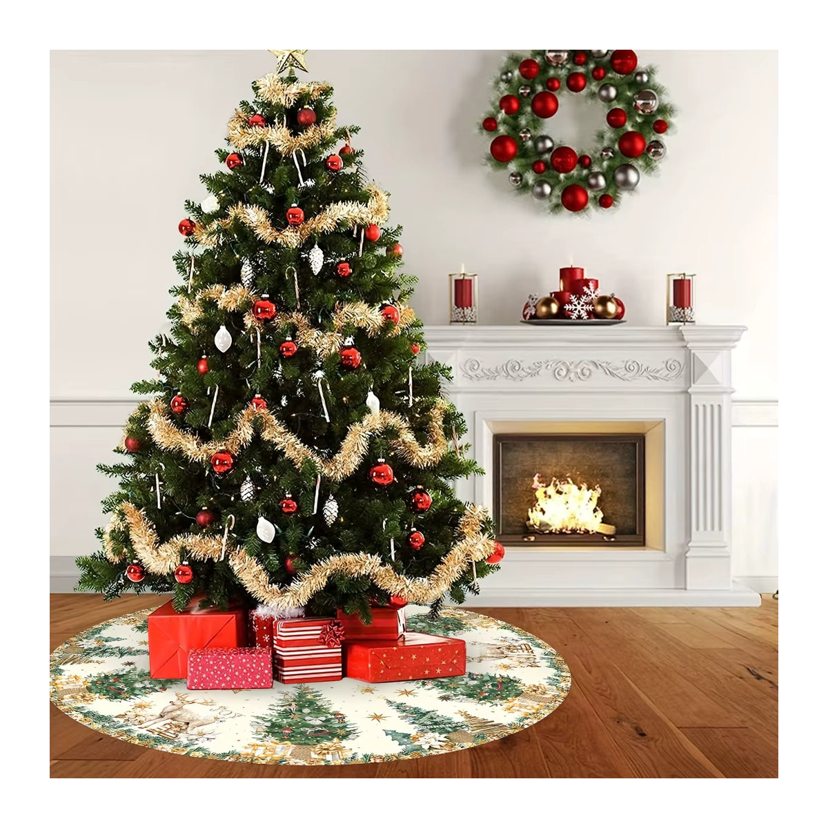 VIKAMA Weihnachtsbaum Rock mit Rentier-Motiv in Weiß, runde Textil-Baummatte für festliche Dekoration - Bild 5