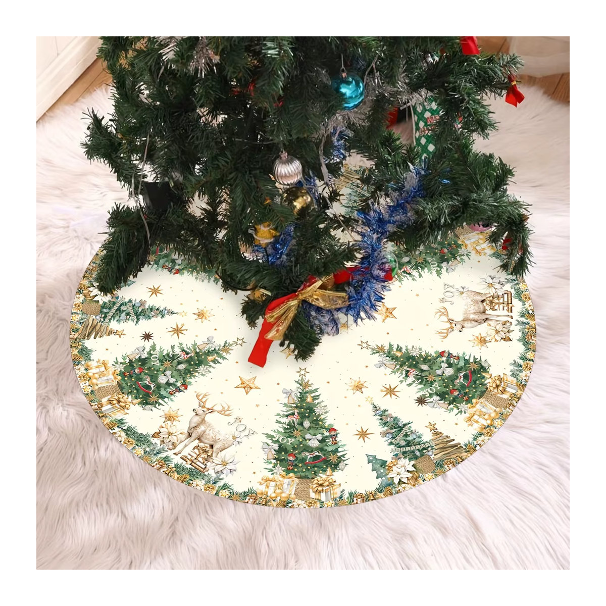 VIKAMA Weihnachtsbaum Rock mit Rentier-Motiv in Weiß, runde Textil-Baummatte für festliche Dekoration - Bild 6