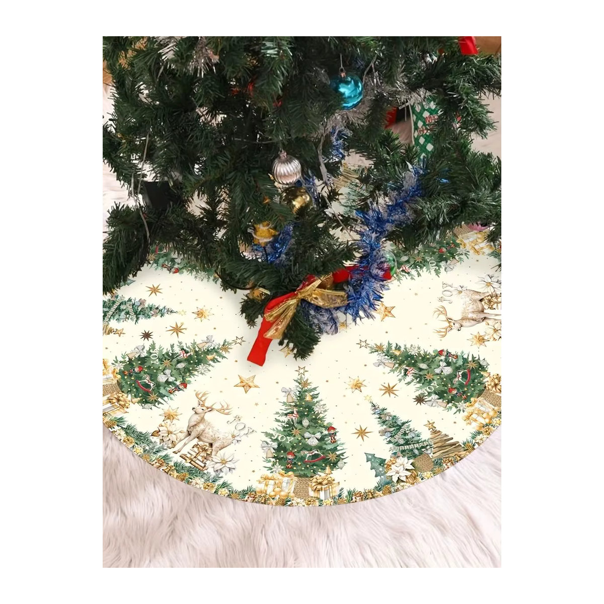 VIKAMA Weihnachtsbaum Rock mit Rentier-Motiv in Weiß, runde Textil-Baummatte für festliche Dekoration - Bild 7