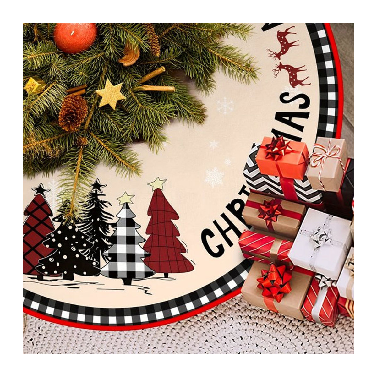 VIKAMA Weihnachtsbaum Rock mit Rentier-Muster im Vintage-Stil, beige, kariert, rund - Bild 1