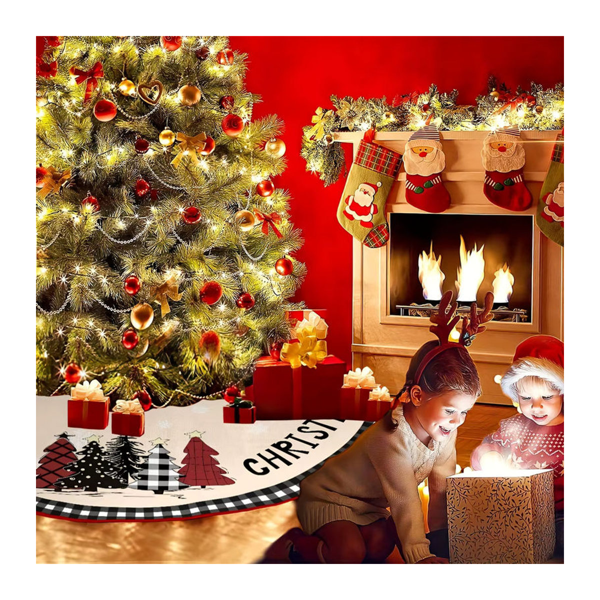 VIKAMA Weihnachtsbaum Rock mit Rentier-Muster im Vintage-Stil, beige, kariert, rund - Bild 2
