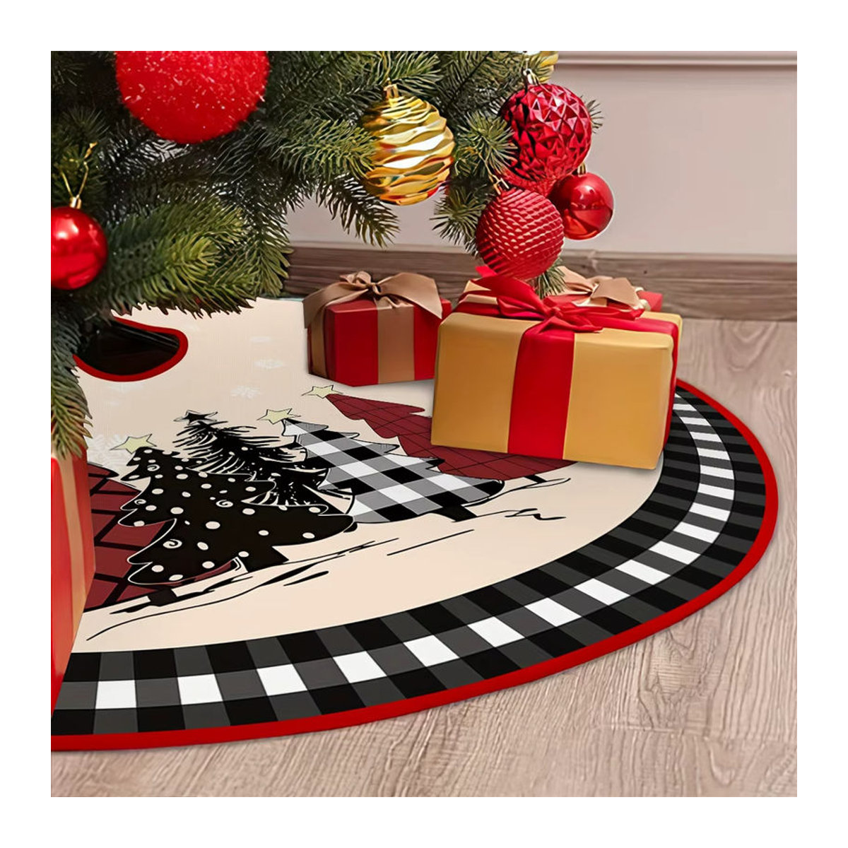 VIKAMA Weihnachtsbaum Rock mit Rentier-Muster im Vintage-Stil, beige, kariert, rund - Bild 4