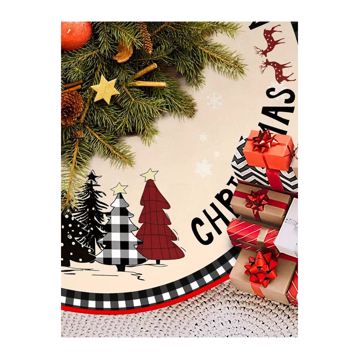 VIKAMA Weihnachtsbaum Rock mit Rentier-Muster im Vintage-Stil, beige, kariert, rund - Bild 5