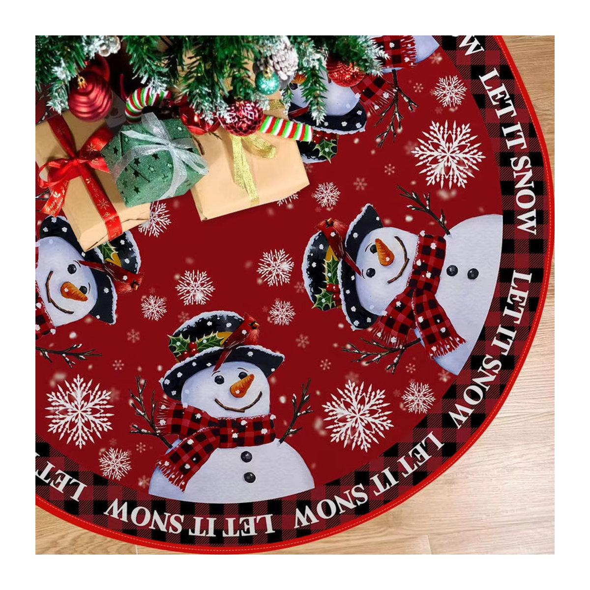 VIKAMA Weihnachtsbaum-Rock mit Schneemann-Motiv in Rot, runde Textil-Baumrock-Dekoration für innen und außen - Bild 2