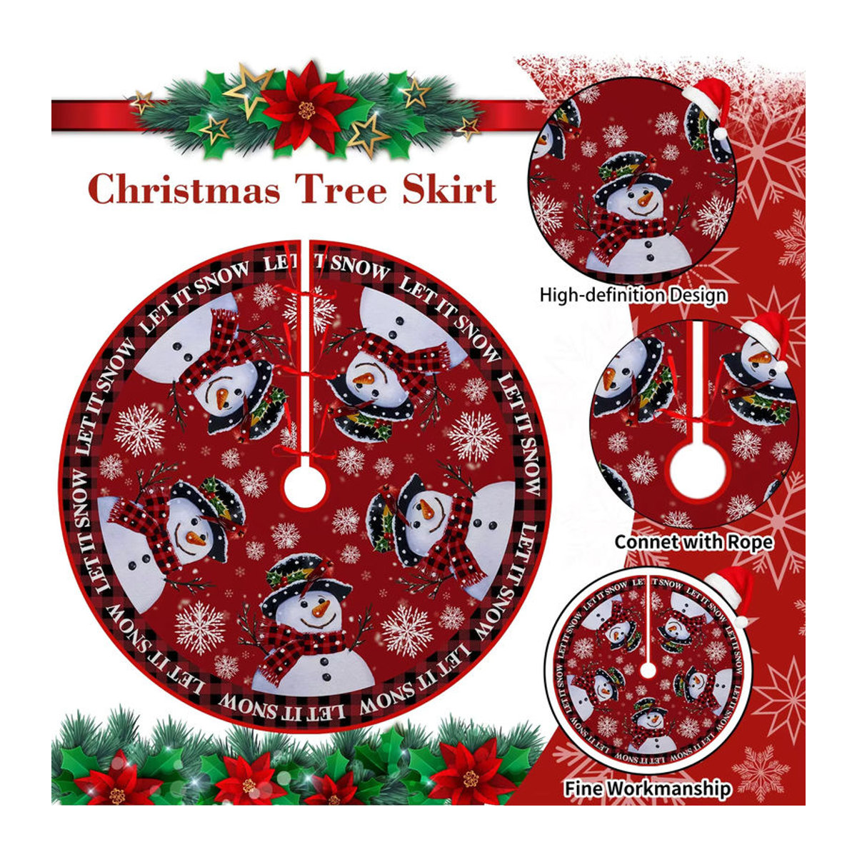 VIKAMA Weihnachtsbaum-Rock mit Schneemann-Motiv in Rot, runde Textil-Baumrock-Dekoration für innen und außen - Bild 4
