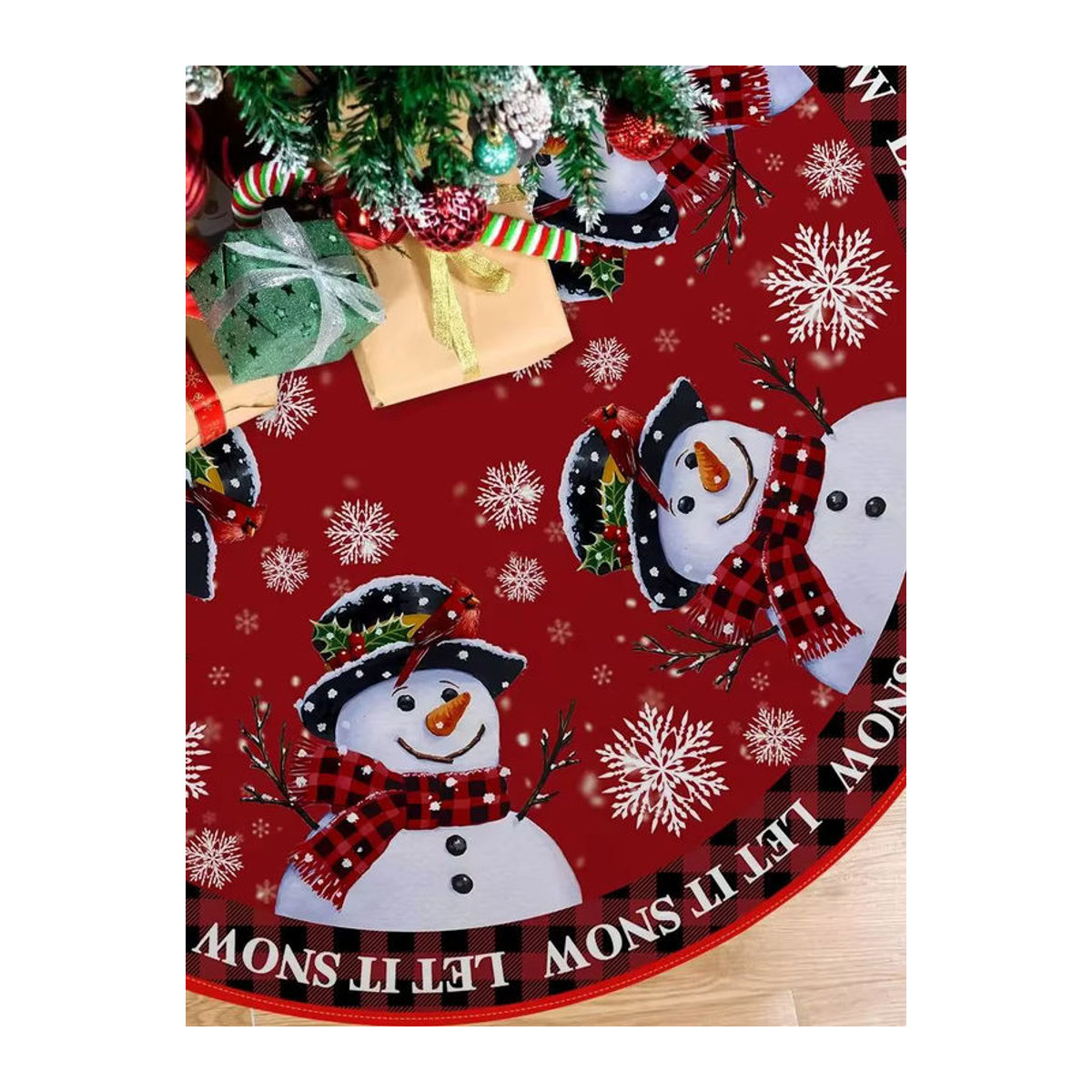 VIKAMA Weihnachtsbaum-Rock mit Schneemann-Motiv in Rot, runde Textil-Baumrock-Dekoration für innen und außen - Bild 5