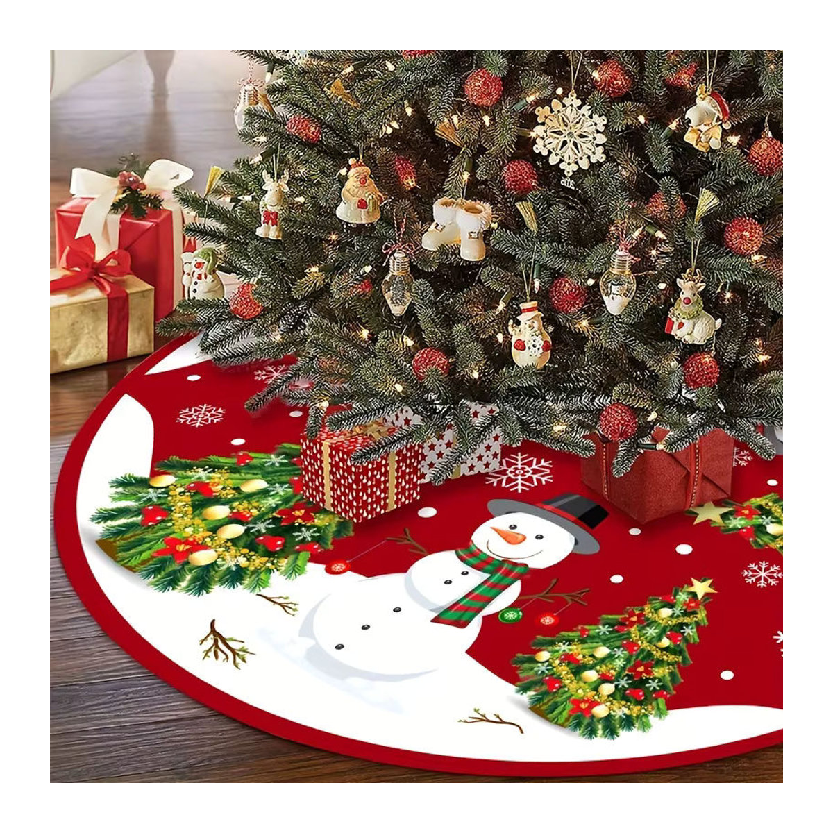 VIKAMA Weihnachtsbaum Rock mit Schneemann und Schneeflocken Motiv in Rot für Kinder - Bild 2