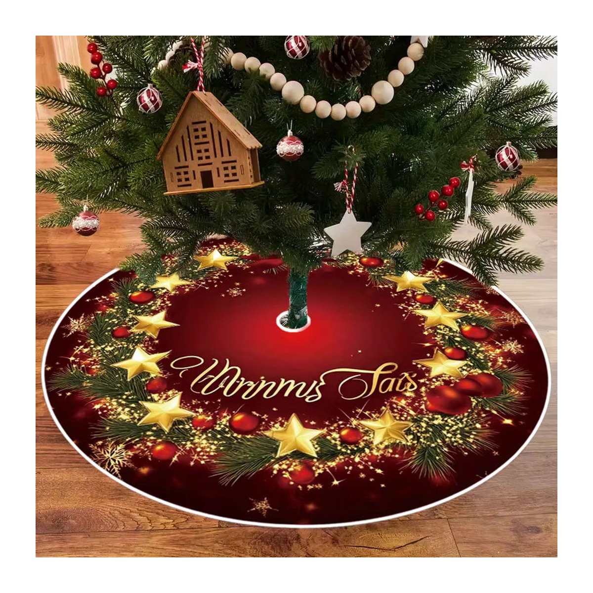 VIKAMA Weihnachtsbaum Rock mit Stern- und Schneeflockenmuster in Rot, runde Textil-Dekoration für dein Wohnzimmer - Bild 2