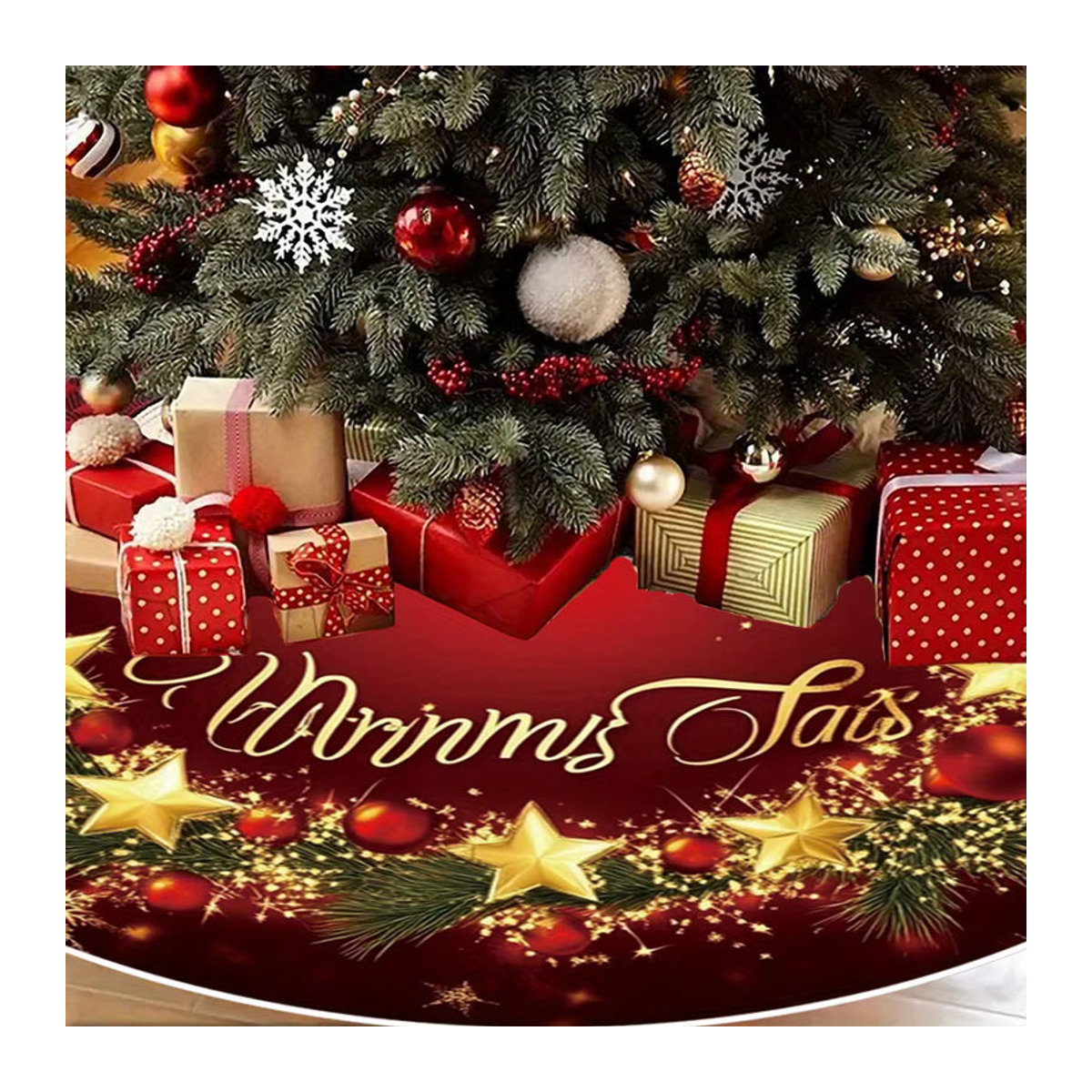 VIKAMA Weihnachtsbaum Rock mit Stern- und Schneeflockenmuster in Rot, runde Textil-Dekoration für dein Wohnzimmer - Bild 4