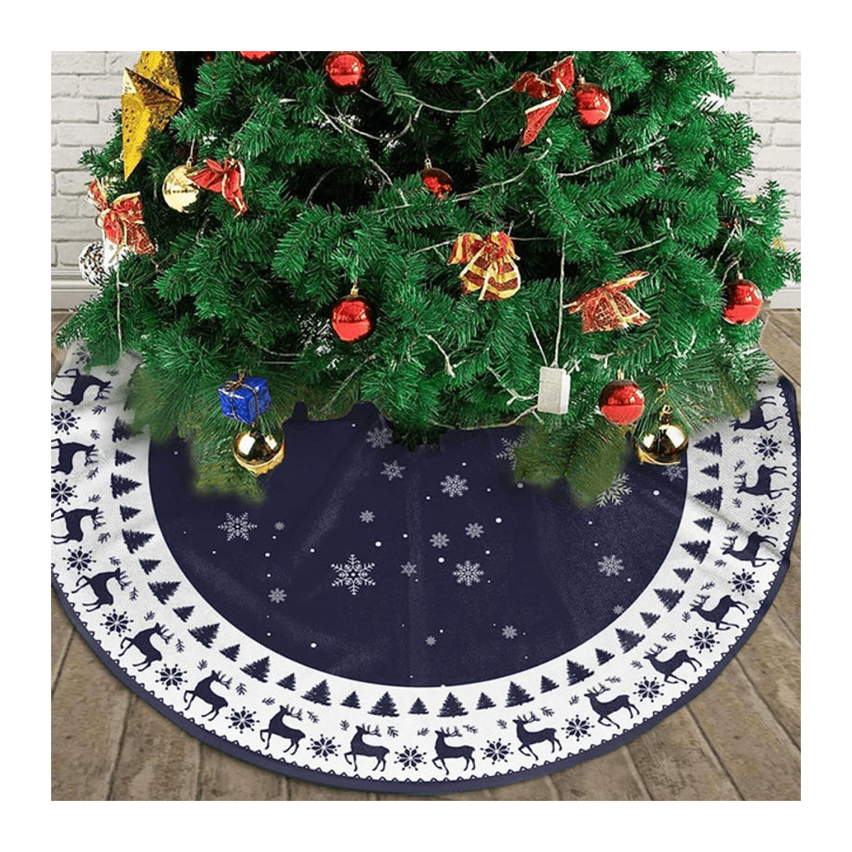VIKAMA Weihnachtsbaum Rock mit Vintage Marine Rentier und Schneeflocken Print in Blau, Rund - Bild 1