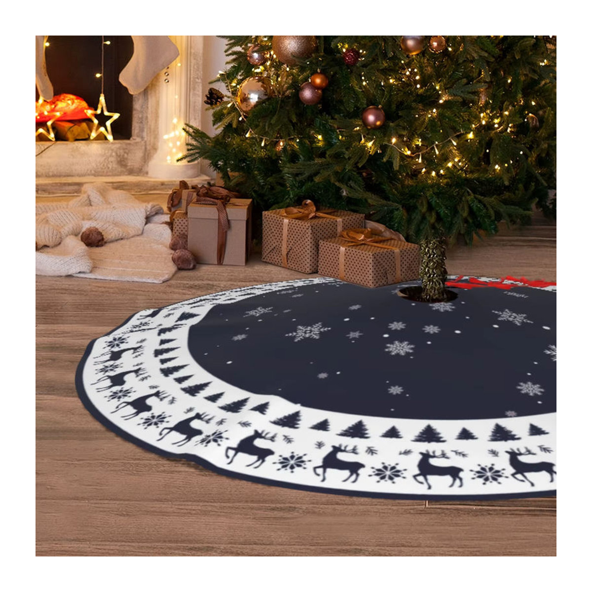 VIKAMA Weihnachtsbaum Rock mit Vintage Marine Rentier und Schneeflocken Print in Blau, Rund - Bild 3