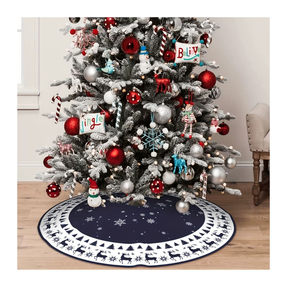 VIKAMA Weihnachtsbaum Rock mit Vintage Marine Rentier und Schneeflocken Print in Blau, Rund - Bild 4