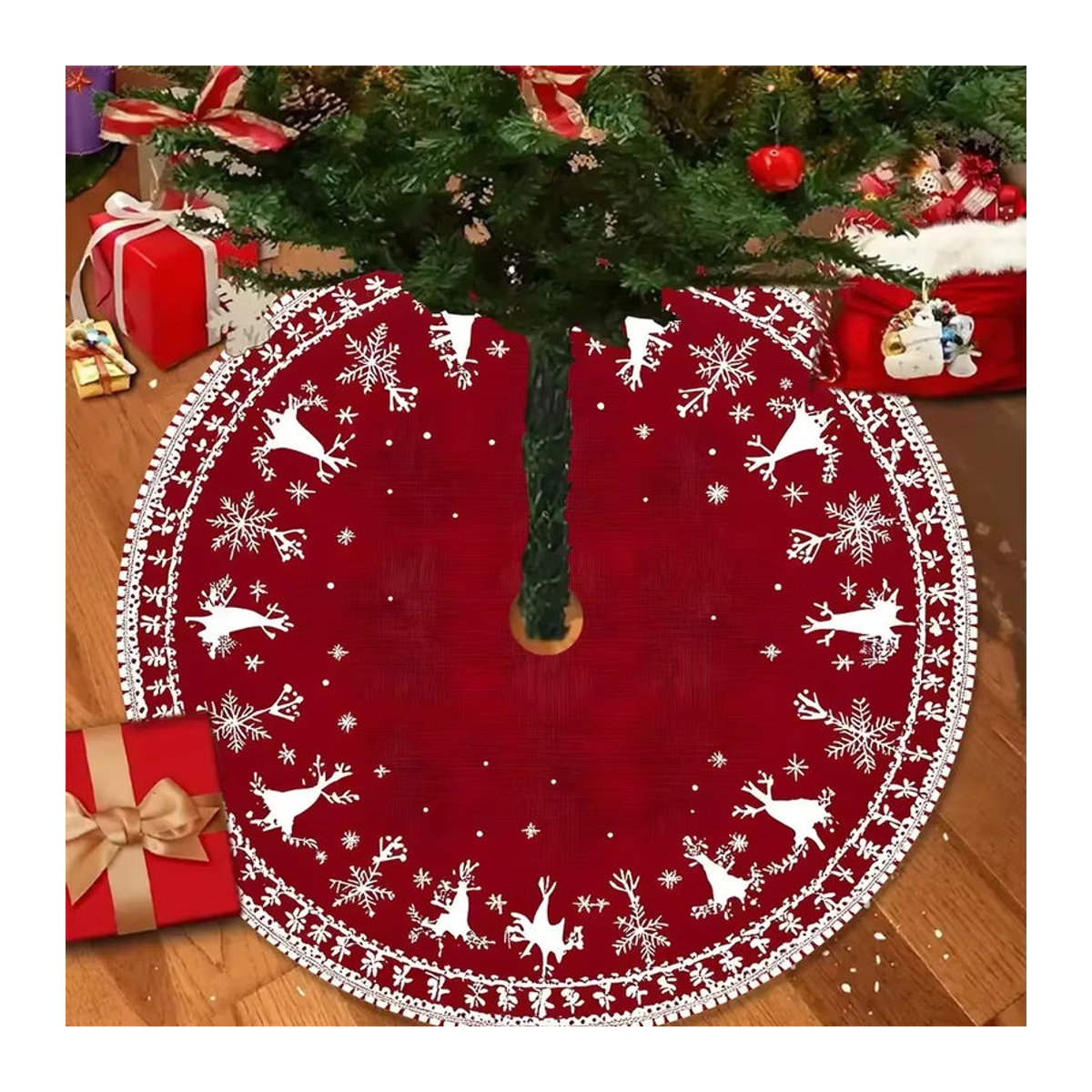 VIKAMA Weihnachtsbaum Rock Pad mit Schneeflocken-Design in Rot für deine Weihnachtsdekoration - Bild 3