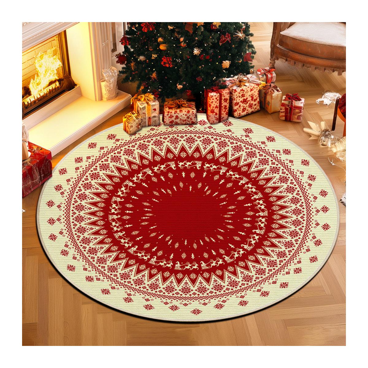 VIKAMA Weihnachtsbaum Winter Runde Bodenmatte aus warmem Kristall-Fleece in Rot, rutschfester Teppich für Wohnzimmer und Schlafzimmer - Bild 1