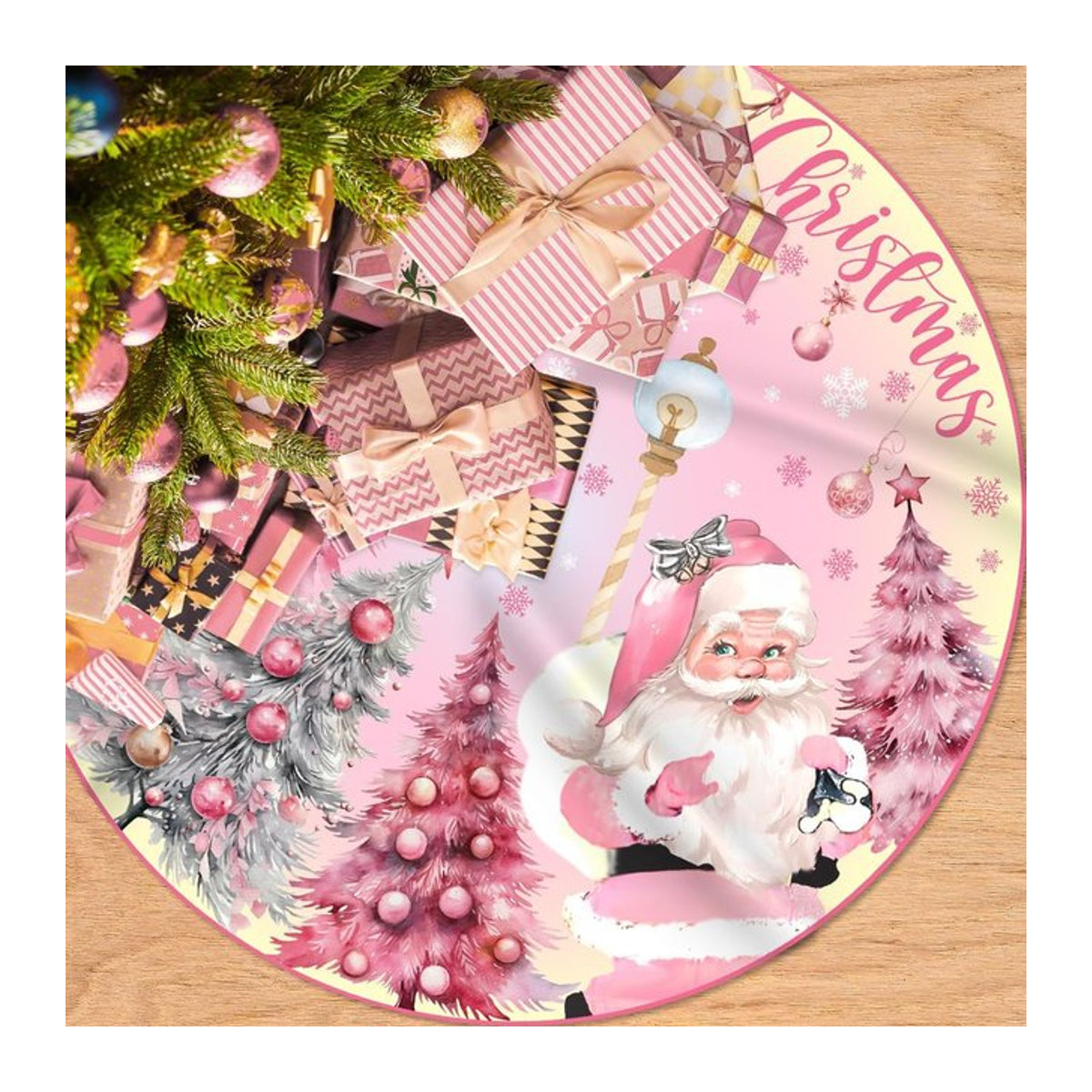 VIKAMA Weihnachtsbaumkleid in Rosa mit Weihnachtsmann und Schneemann als hängende Dekoration für drinnen und draußen - Bild 1