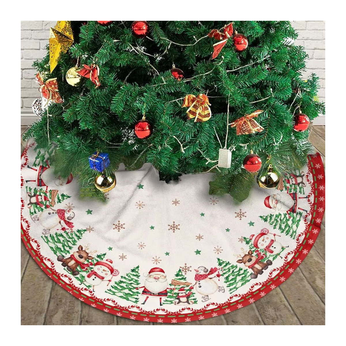 VIKAMA Weihnachtsbaumkleid mit Schneemann- und Rentierprint in Weiß für die Baumbasis - Bild 3