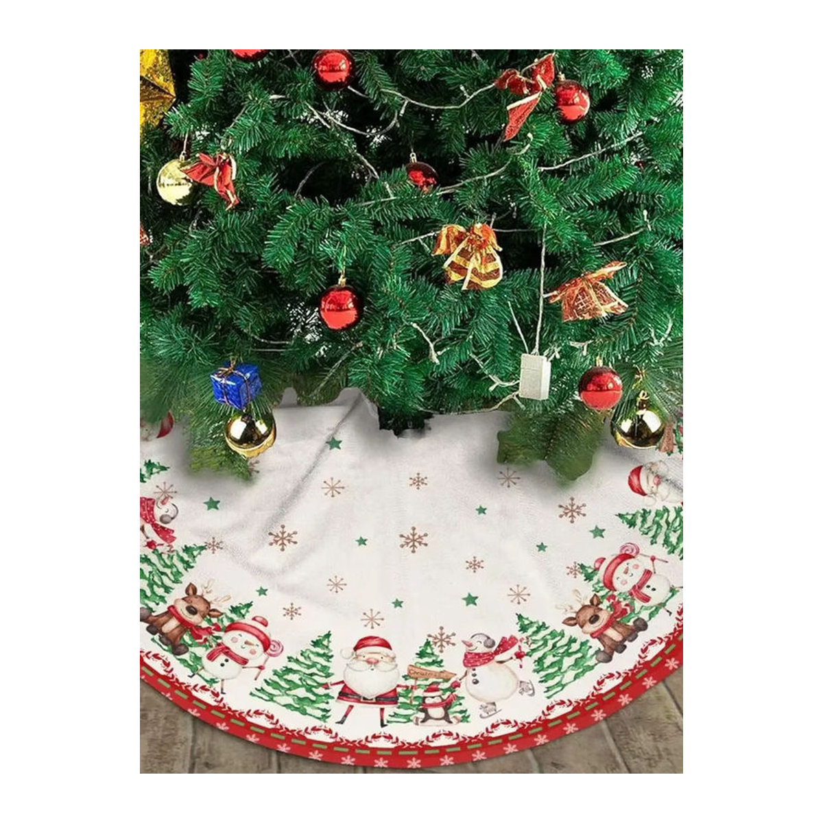 VIKAMA Weihnachtsbaumkleid mit Schneemann- und Rentierprint in Weiß für die Baumbasis - Bild 4
