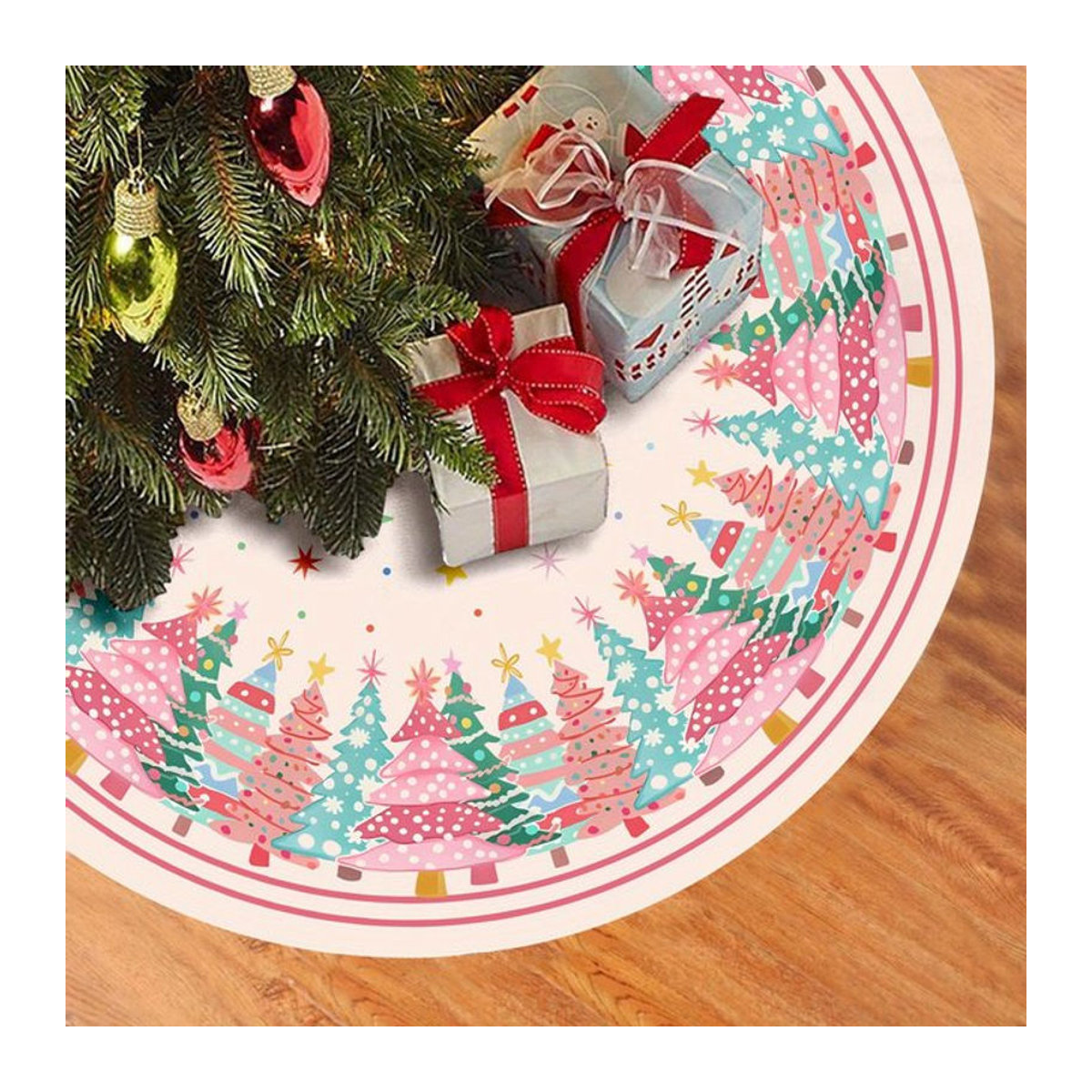 VIKAMA Weihnachtsbaumrock in Rosa mit floralem Design für deine Weihnachtsdekoration - Bild 1