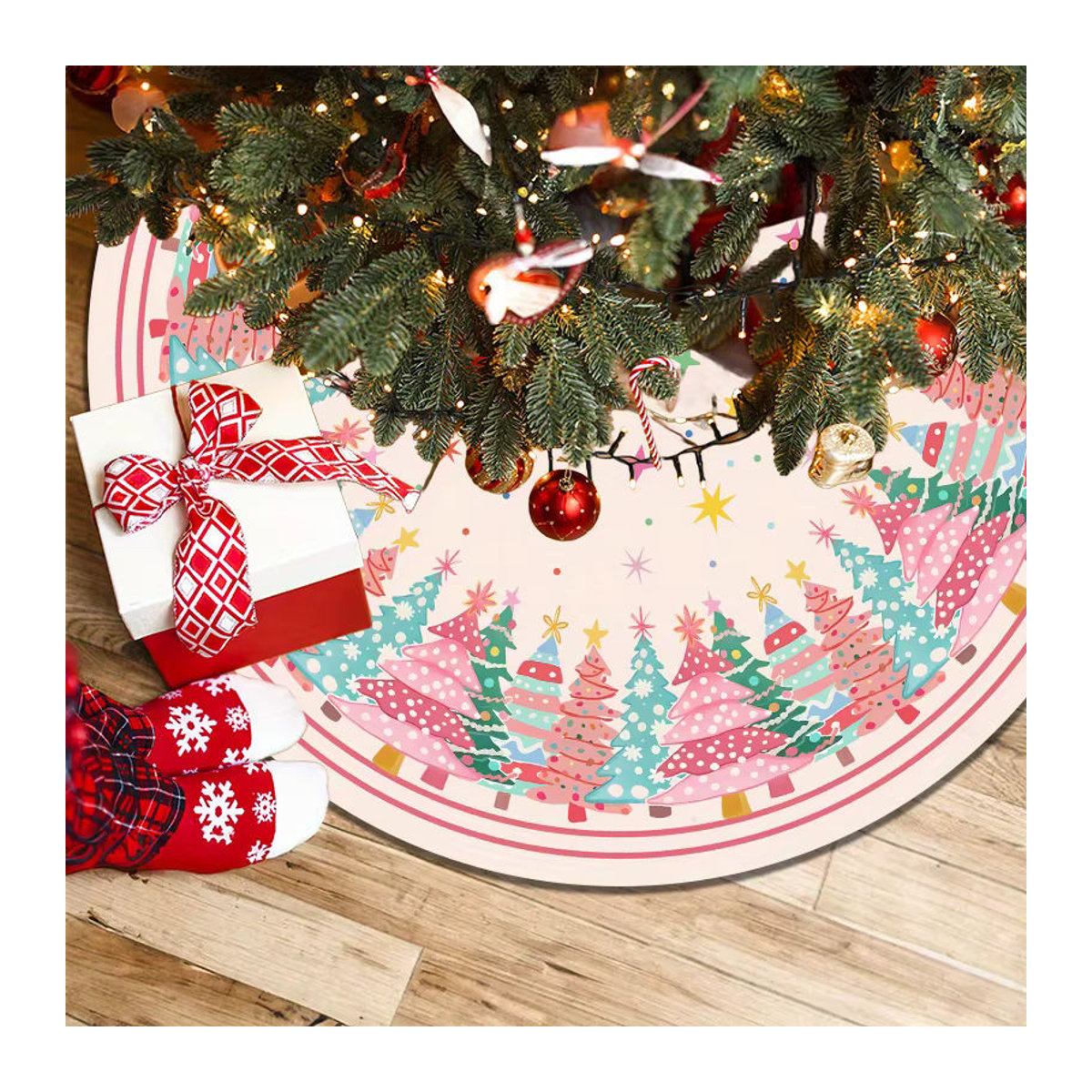 VIKAMA Weihnachtsbaumrock in Rosa mit floralem Design für deine Weihnachtsdekoration - Bild 2