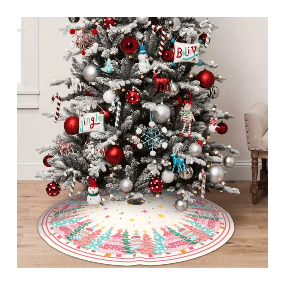 VIKAMA Weihnachtsbaumrock in Rosa mit floralem Design für deine Weihnachtsdekoration - Bild 4