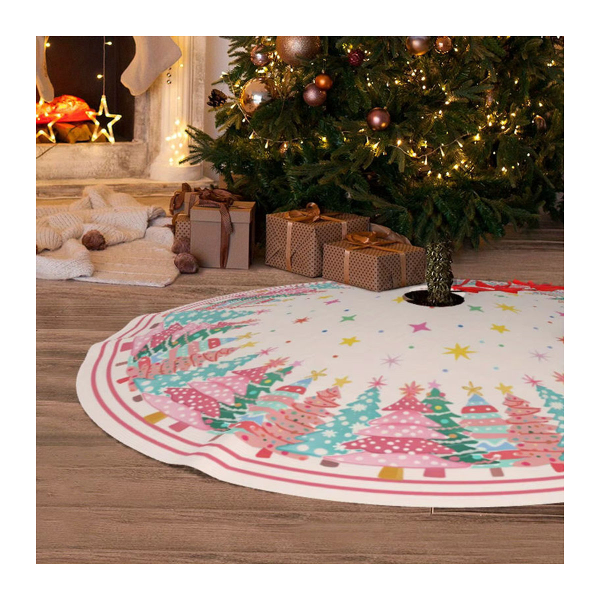 VIKAMA Weihnachtsbaumrock in Rosa mit floralem Design für deine Weihnachtsdekoration - Bild 5