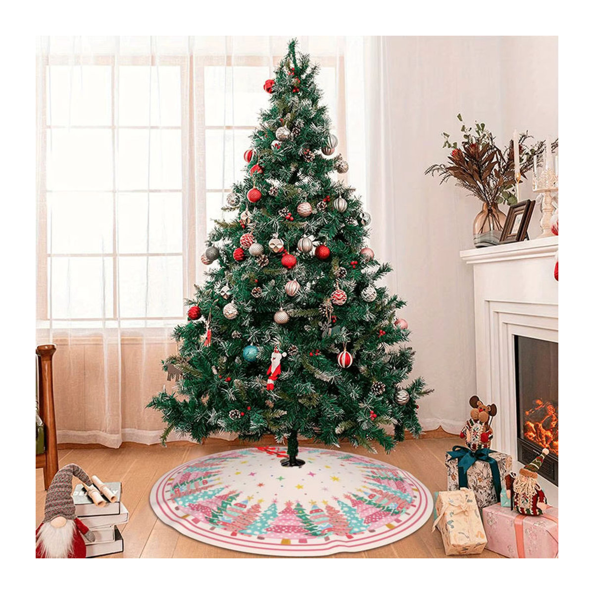 VIKAMA Weihnachtsbaumrock in Rosa mit floralem Design für deine Weihnachtsdekoration - Bild 6