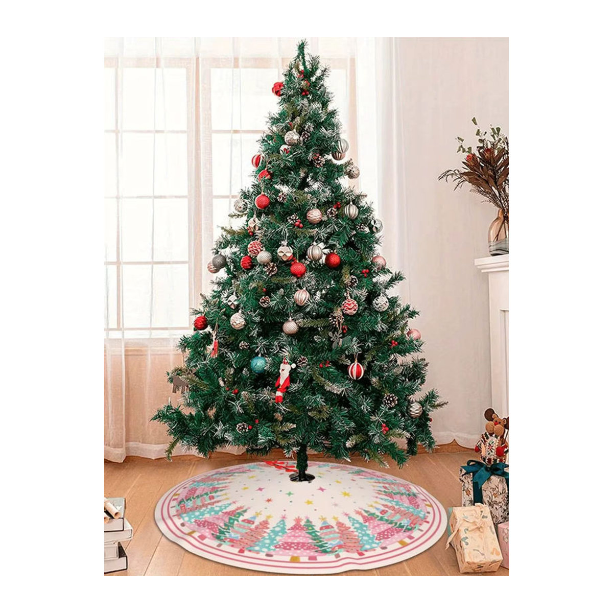 VIKAMA Weihnachtsbaumrock in Rosa mit floralem Design für deine Weihnachtsdekoration - Bild 7