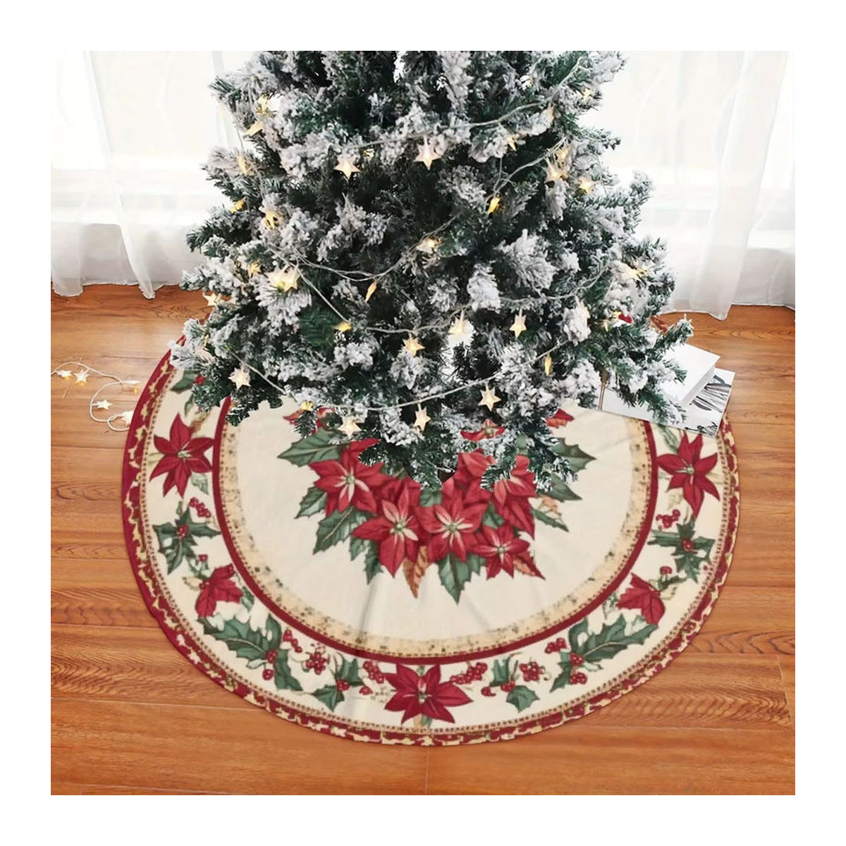 VIKAMA Weihnachtsbaumrock in Rot mit floralem Design für deine festliche Weihnachtsdekoration - Bild 2