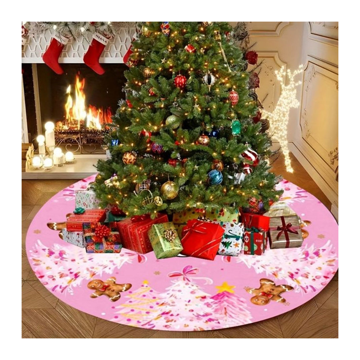 VIKAMA Weihnachtsbaumrock mit Cartoon-Lebkuchenmann-Design in Rosa, waschbare Textil-Dekoration für dein Zuhause - Bild 1