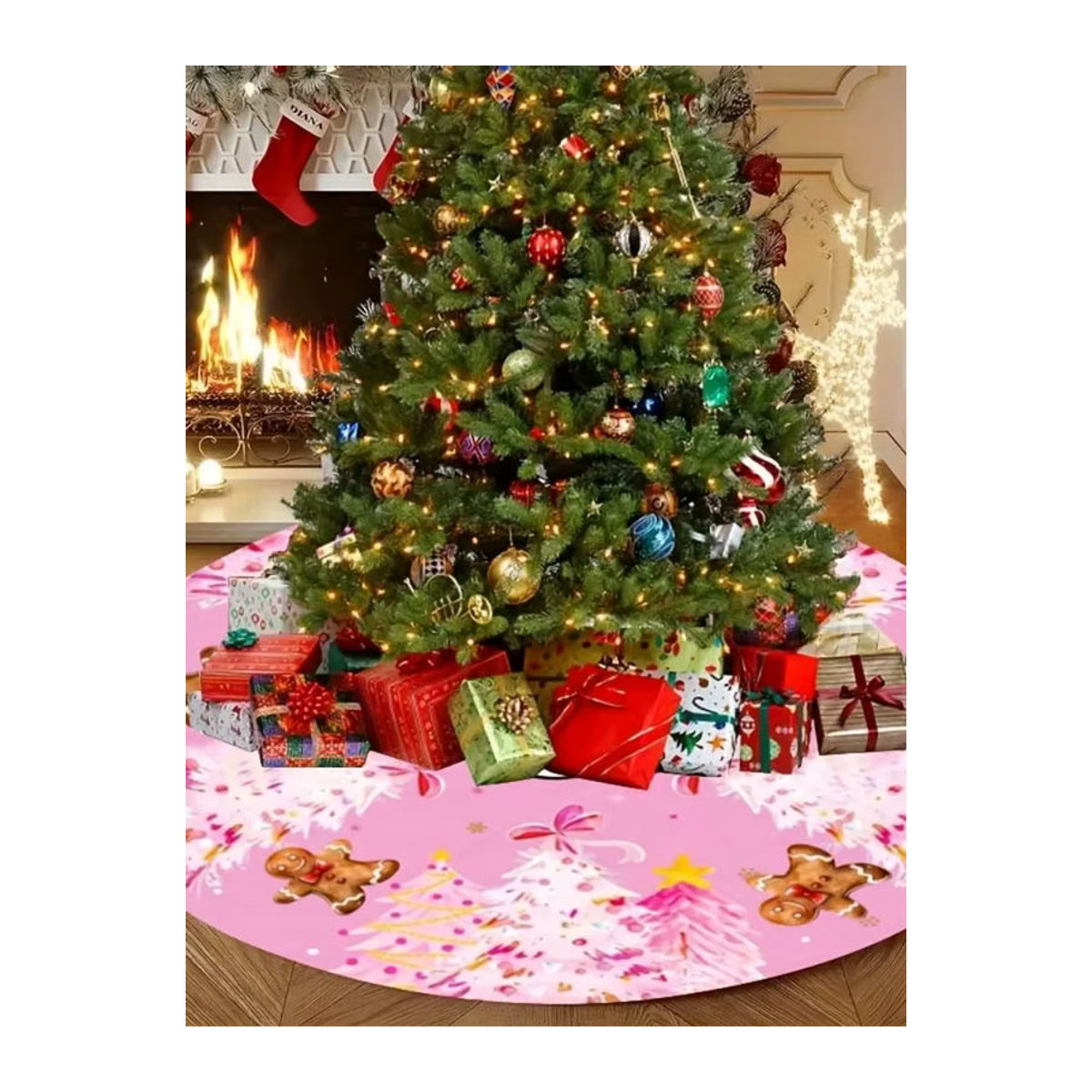 VIKAMA Weihnachtsbaumrock mit Cartoon-Lebkuchenmann-Design in Rosa, waschbare Textil-Dekoration für dein Zuhause - Bild 3