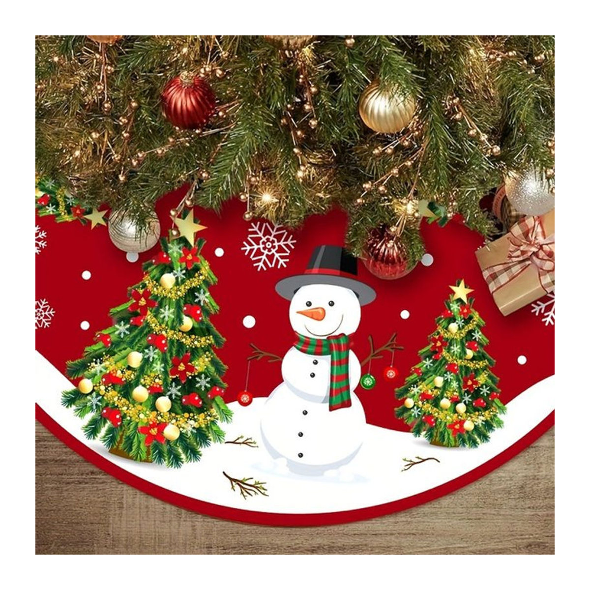 VIKAMA Weihnachtsbaumrock mit rotem Schneemann-Design, waschbare Textil-Baumdekoration für Weihnachten - Bild 1