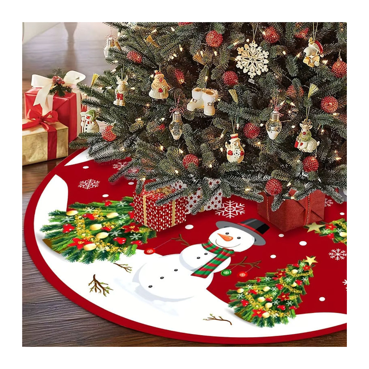 VIKAMA Weihnachtsbaumrock mit rotem Schneemann-Design, waschbare Textil-Baumdekoration für Weihnachten - Bild 3