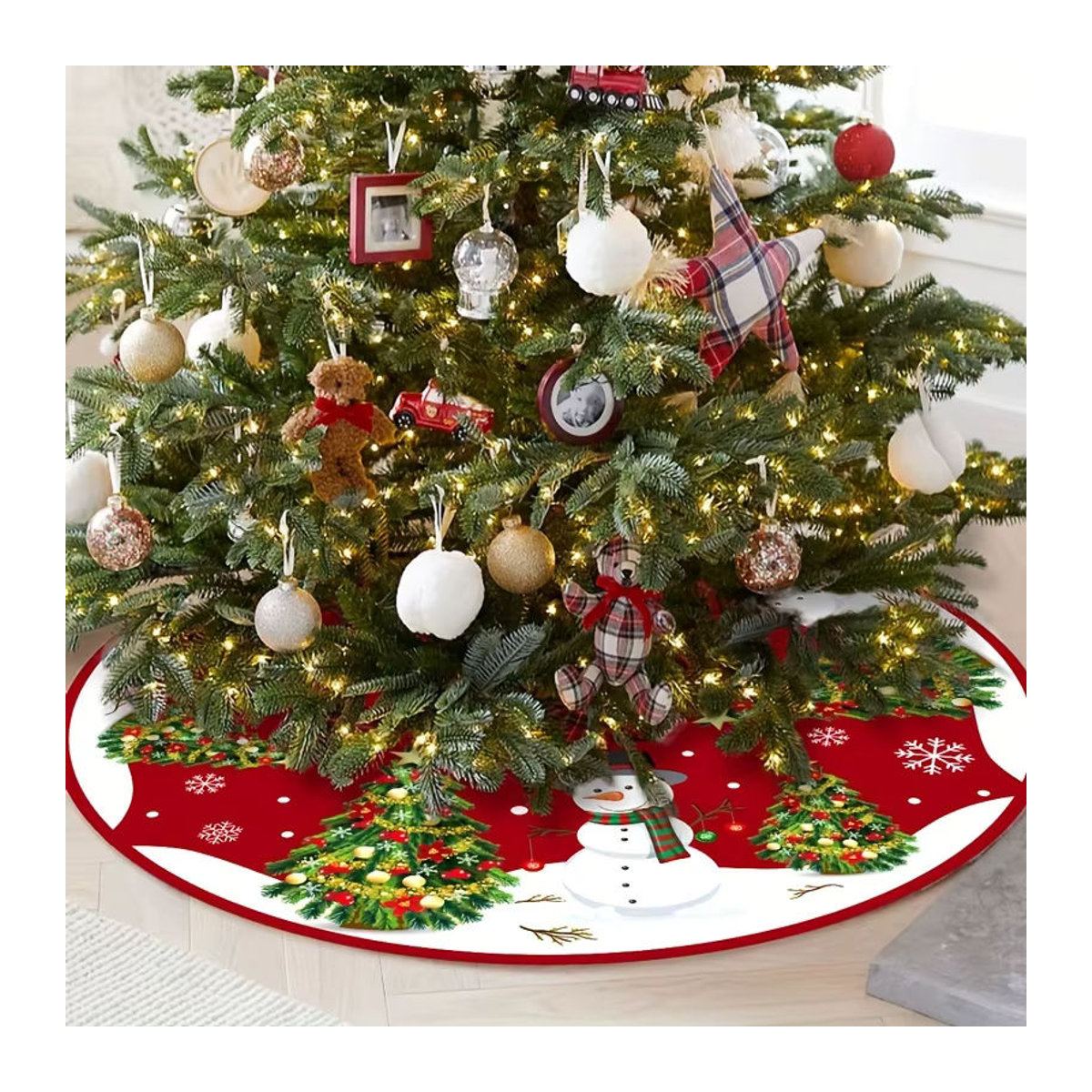 VIKAMA Weihnachtsbaumrock mit rotem Schneemann-Design, waschbare Textil-Baumdekoration für Weihnachten - Bild 4