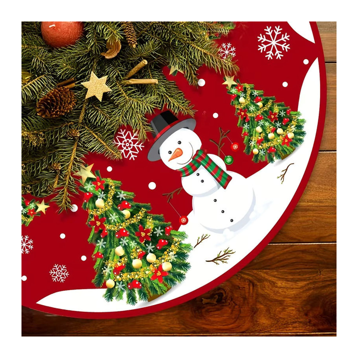 VIKAMA Weihnachtsbaumrock mit rotem Schneemann-Design, waschbare Textil-Baumdekoration für Weihnachten - Bild 5