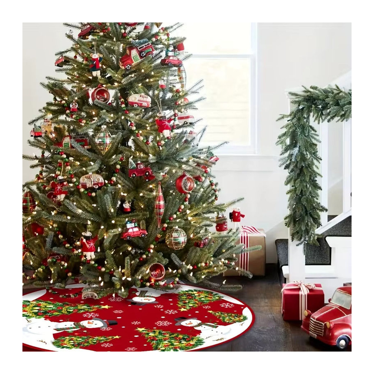 VIKAMA Weihnachtsbaumrock mit rotem Schneemann-Design, waschbare Textil-Baumdekoration für Weihnachten - Bild 6