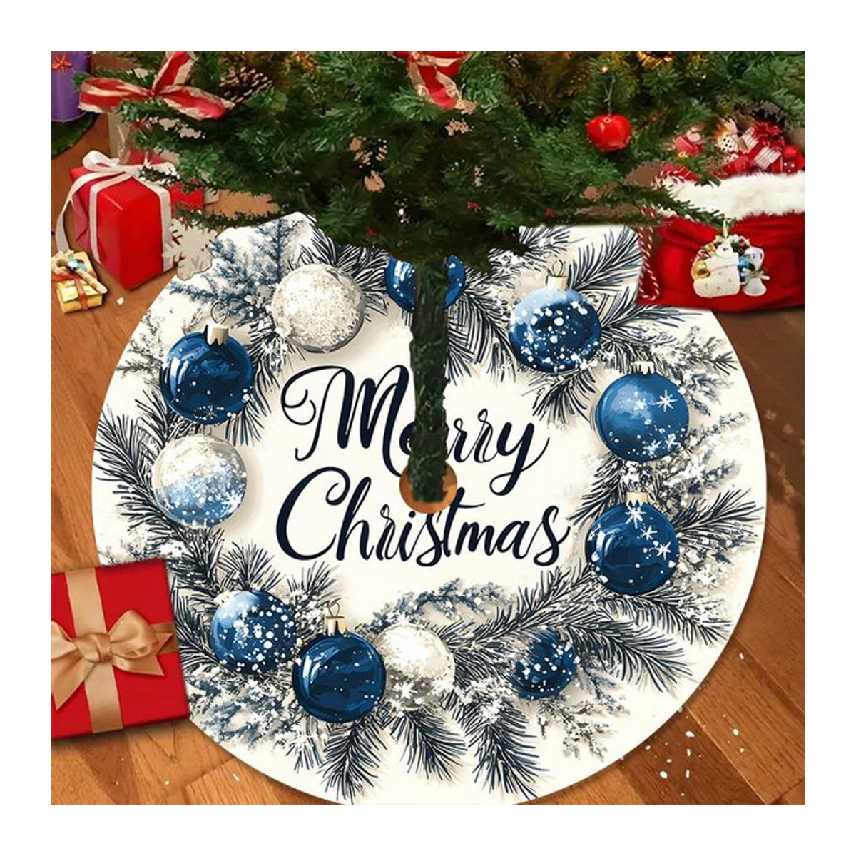 VIKAMA Weihnachtsbaumrock mit Schneeflockendruck in Blau und Weiß - Bild 1