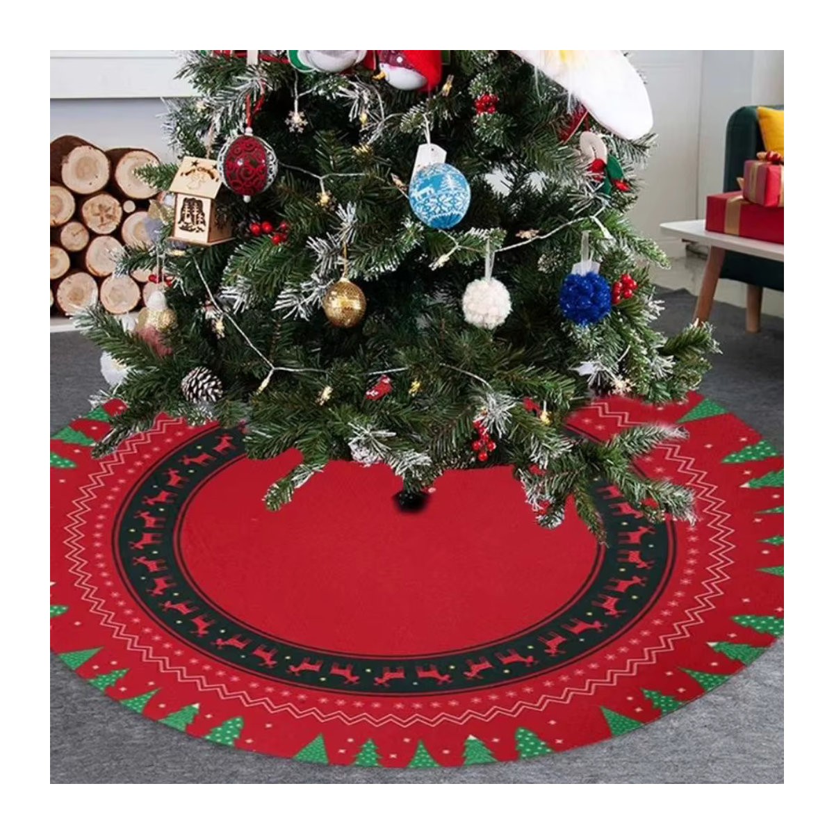 VIKAMA Weihnachtsbaumrock mit Weihnachtsmann- und Schneeflockenmuster in Rot als dekorative Matte für Innen und Außen - Bild 2
