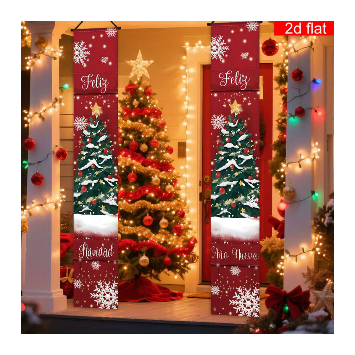 VIKAMA Weihnachtsdekoration 2-teiliges Set aus Textil mit Sternen und Schnur in Rot, hängend für Wände, Veranden und Weihnachtsbäume, B/H: 30 x 180 cm - Bild 3