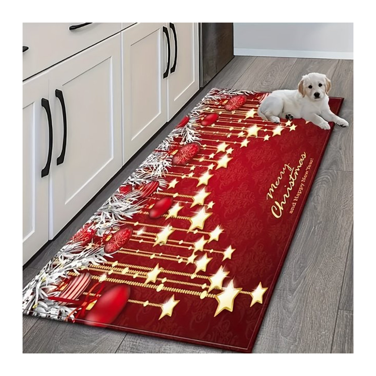 VIKAMA Weihnachtsküchenteppich mit Goldstern, Kugeln und Frohe Weihnachten Schriftzug in Rot - Bild 1