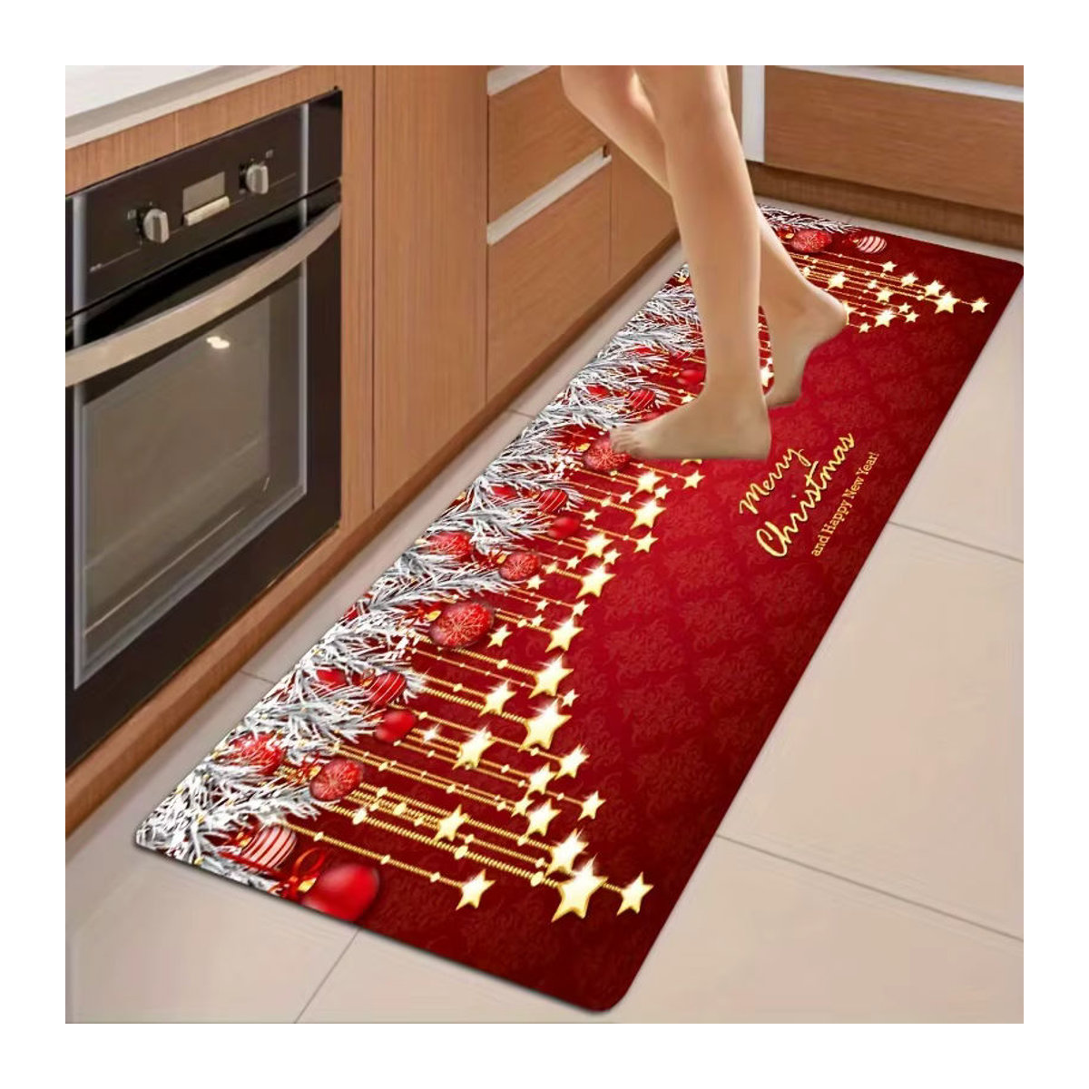 VIKAMA Weihnachtsküchenteppich mit Goldstern, Kugeln und Frohe Weihnachten Schriftzug in Rot - Bild 2