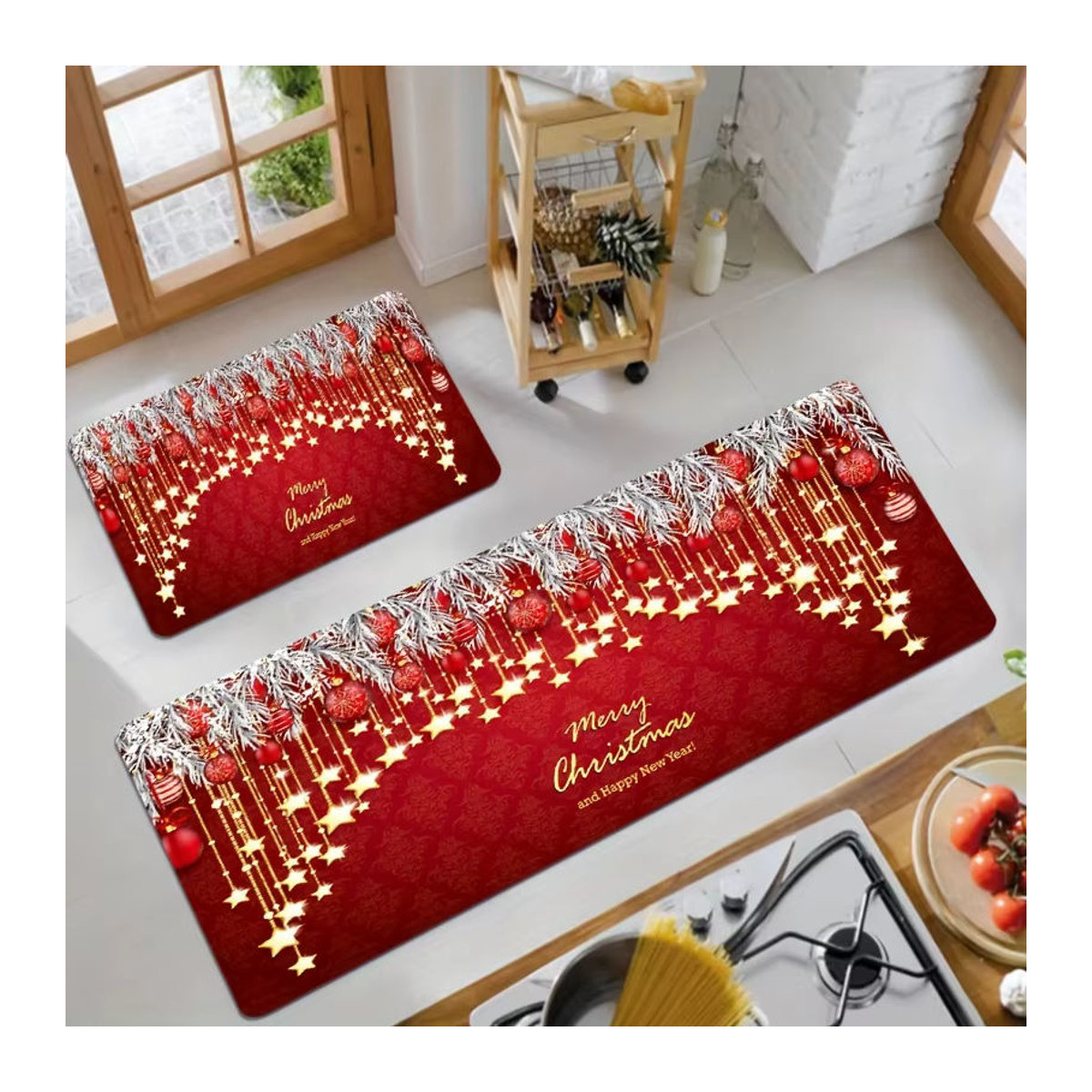 VIKAMA Weihnachtsküchenteppich mit Goldstern, Kugeln und Frohe Weihnachten Schriftzug in Rot - Bild 3