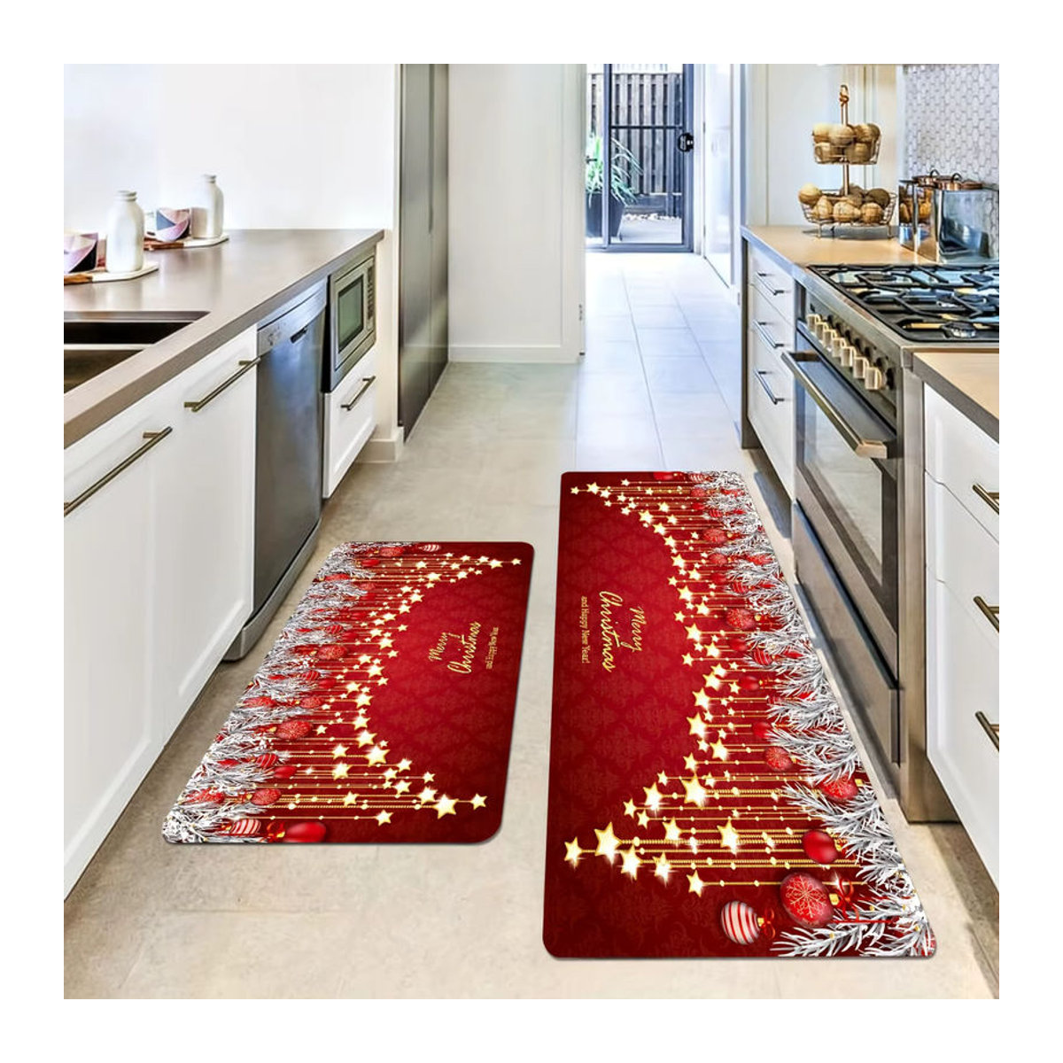 VIKAMA Weihnachtsküchenteppich mit Goldstern, Kugeln und Frohe Weihnachten Schriftzug in Rot - Bild 4