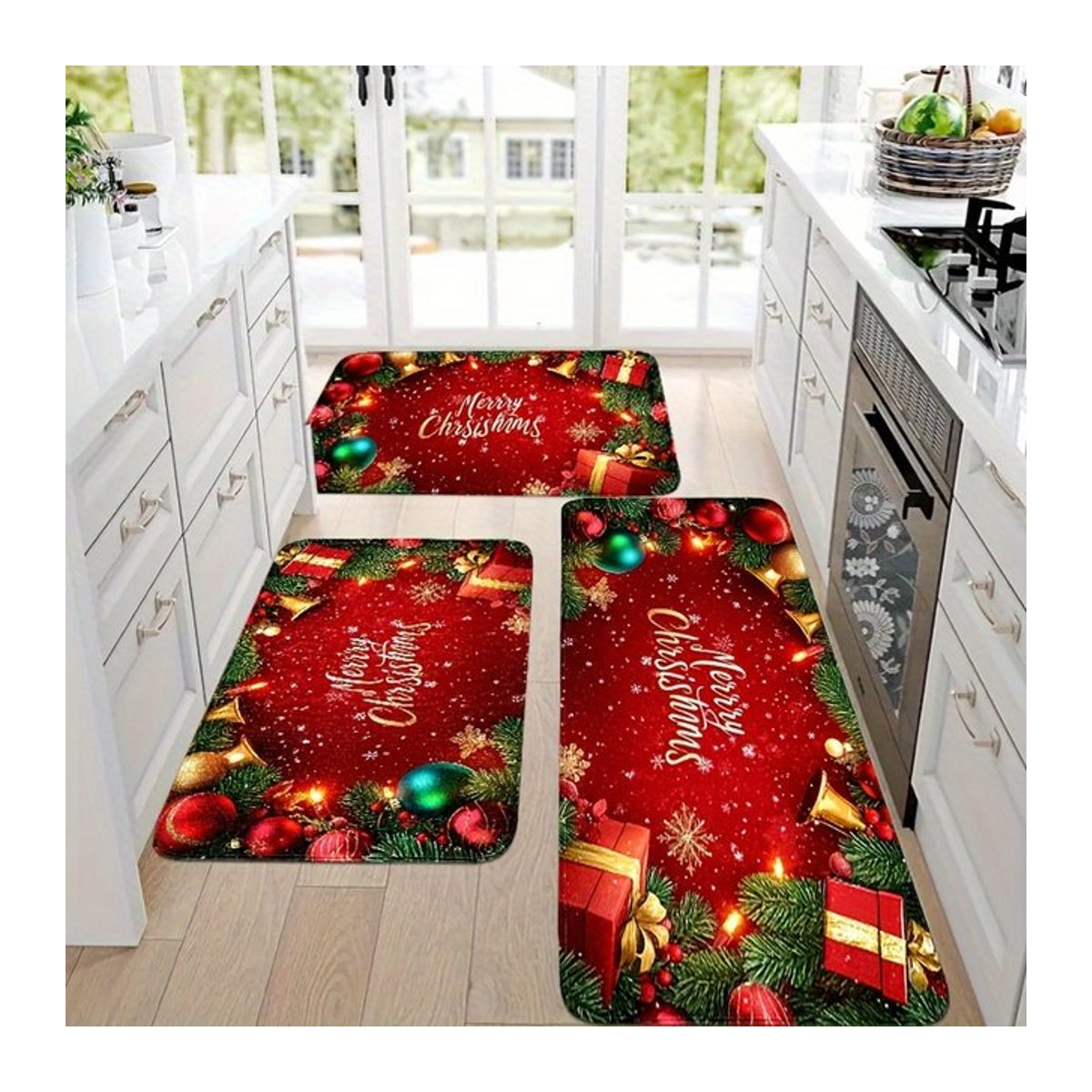 VIKAMA Weihnachtsmann Fußmatte mit Schneeflocken-Design in Rot für Küche und Eingangsbereich - Bild 1