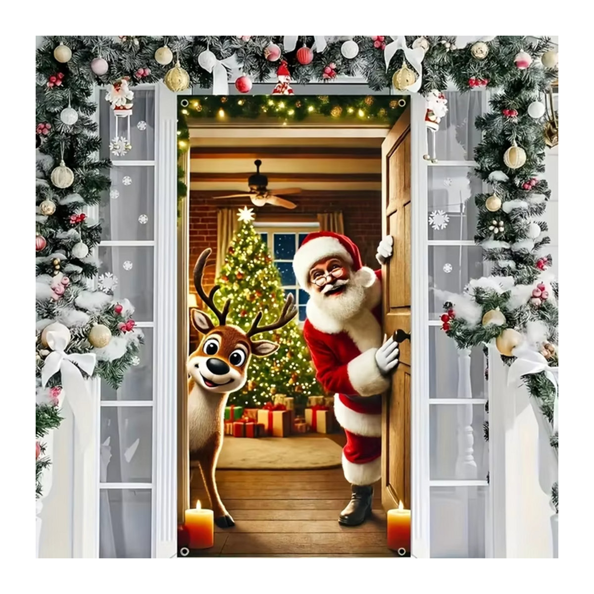 VIKAMA Weihnachtsmann-Türvorhang mit Rentier-Motiv in Mehrfarbig für deine Weihnachtsdekoration - Bild 1