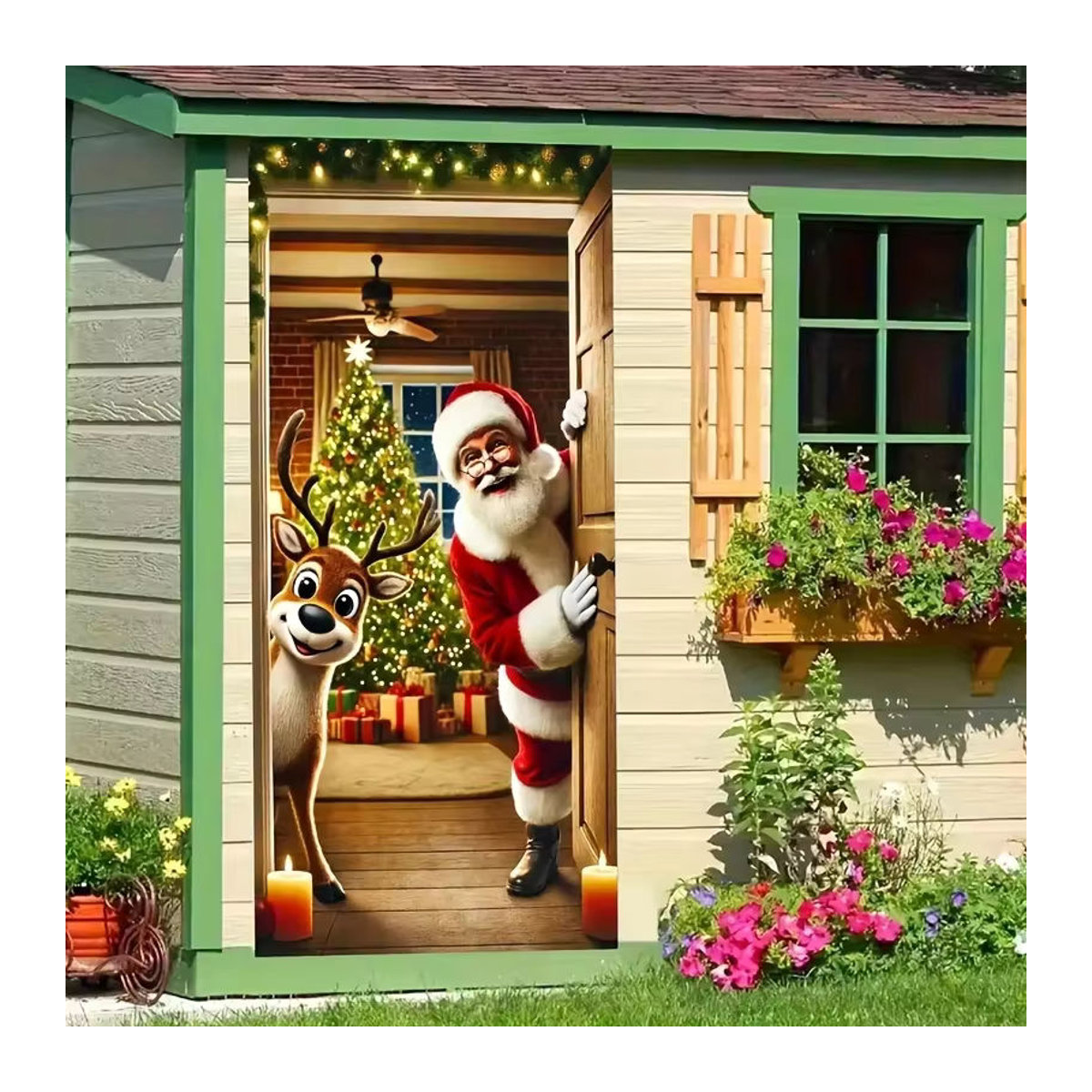 VIKAMA Weihnachtsmann-Türvorhang mit Rentier-Motiv in Mehrfarbig für deine Weihnachtsdekoration - Bild 3