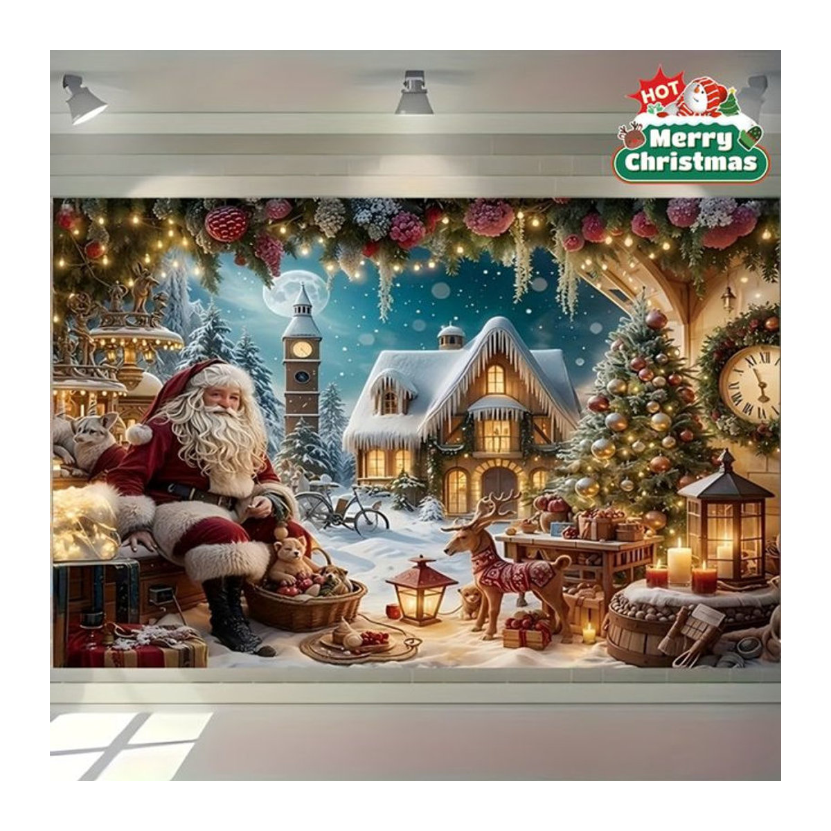 VIKAMA Weihnachtsmann Wandteppich mit Schneelandschaft, mehrfarbig, rechteckig, Textil-Wanddekoration für Wohnzimmer und Kinderzimmer - Bild 1