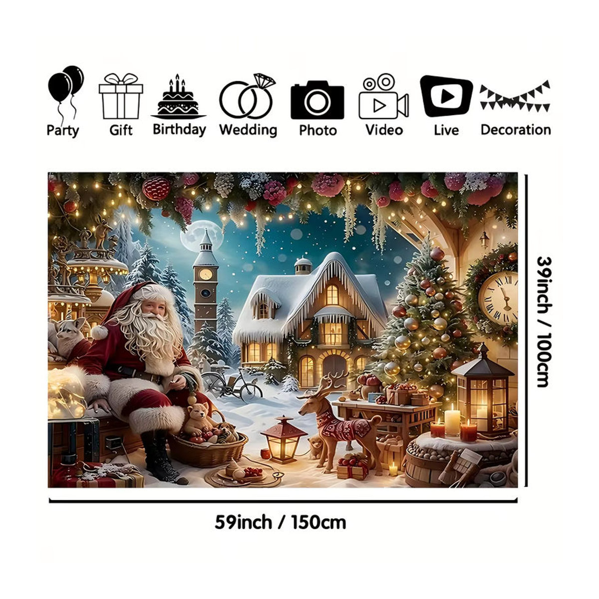 VIKAMA Weihnachtsmann Wandteppich mit Schneelandschaft, mehrfarbig, rechteckig, Textil-Wanddekoration für Wohnzimmer und Kinderzimmer - Bild 3