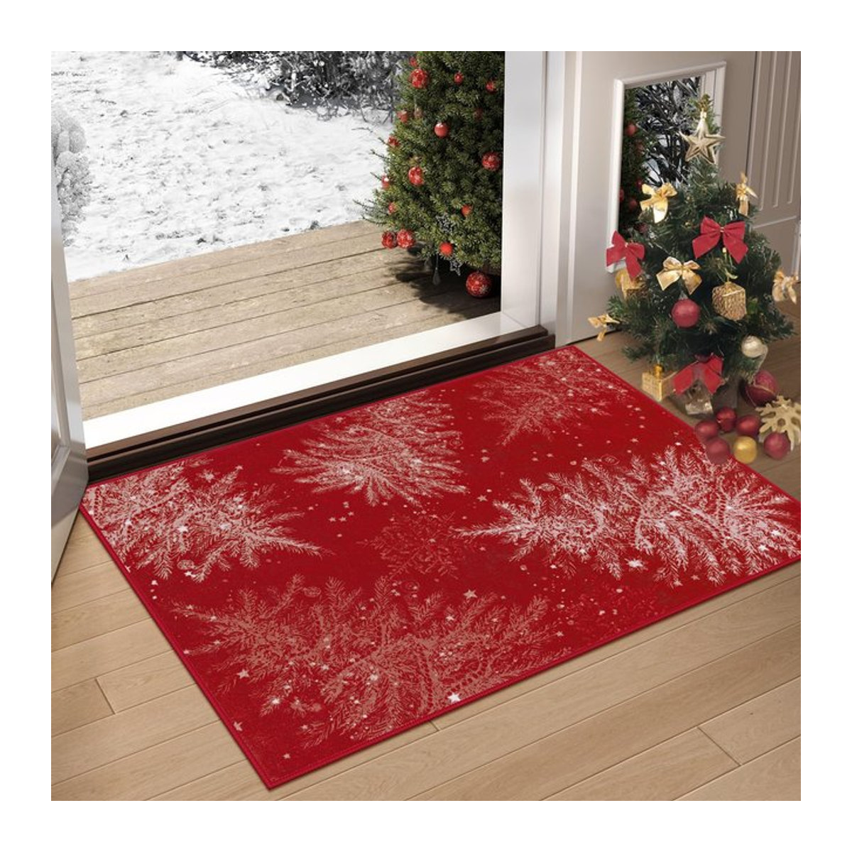 VIKAMA Weihnachtsteppich mit Hirsch und Schneeflocken Motiv in Rot, rutschfest und maschinenwaschbar - Bild 1
