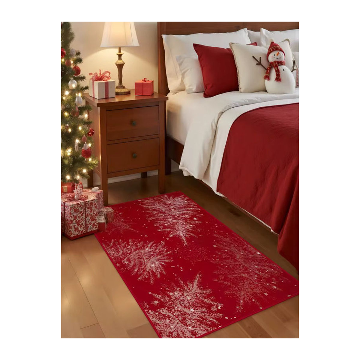 VIKAMA Weihnachtsteppich mit Hirsch und Schneeflocken Motiv in Rot, rutschfest und maschinenwaschbar - Bild 2