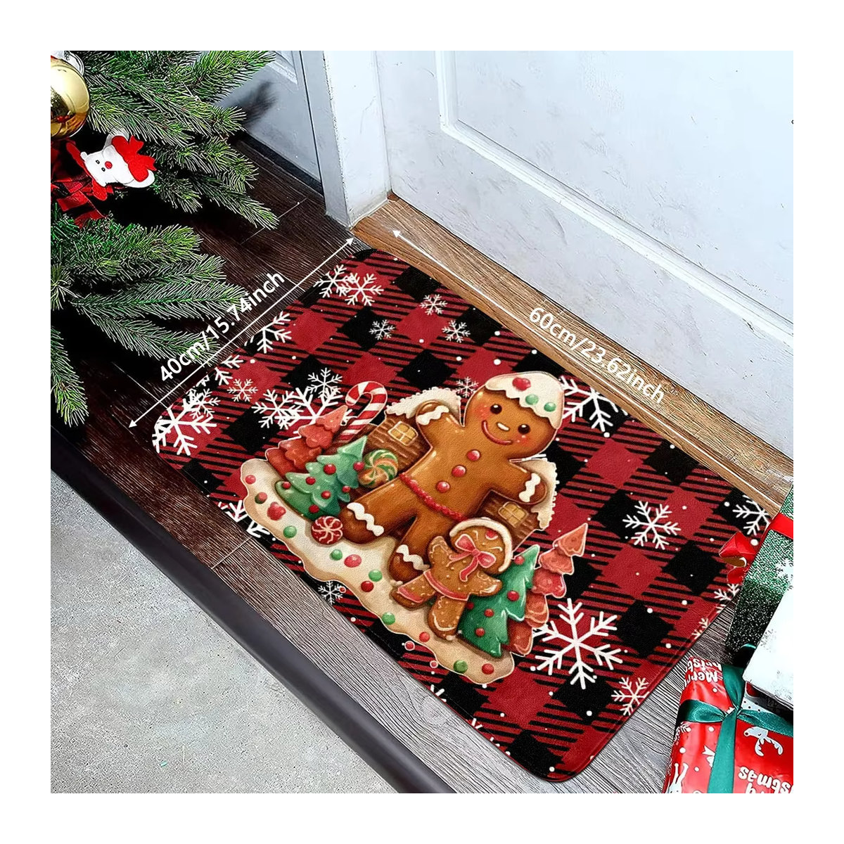 Vikama Weihnachtsteppich mit Schneeflocken und Lebkuchenmann Muster, rutschfeste Kristall-Samt Fußmatte für Wohnzimmer, Schlafzimmer und Küche, mehrfarbig - Bild 2
